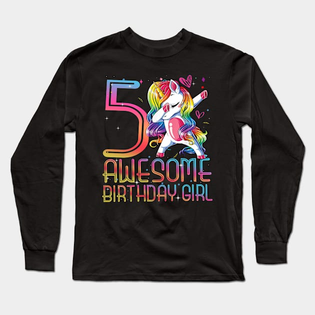 awesome dabbing unicorn birthday 5 year old Girl 5th B-day Long Sleeve T-Shirt by The Design Catalyst